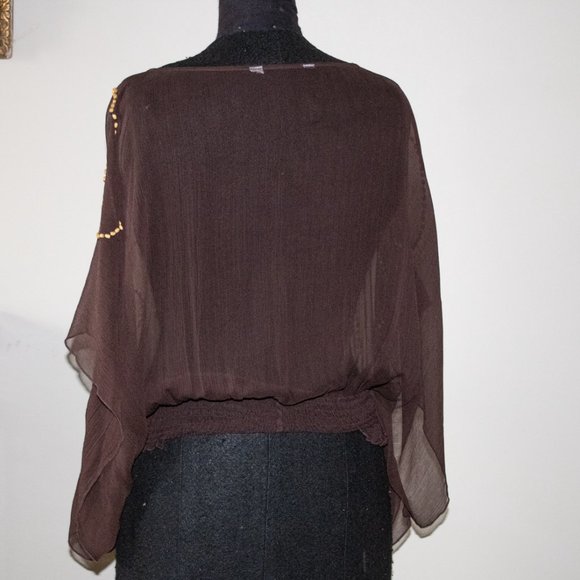 Brown Silk Blouse Boho Top L Beaded Front - Picture 5 of 5
